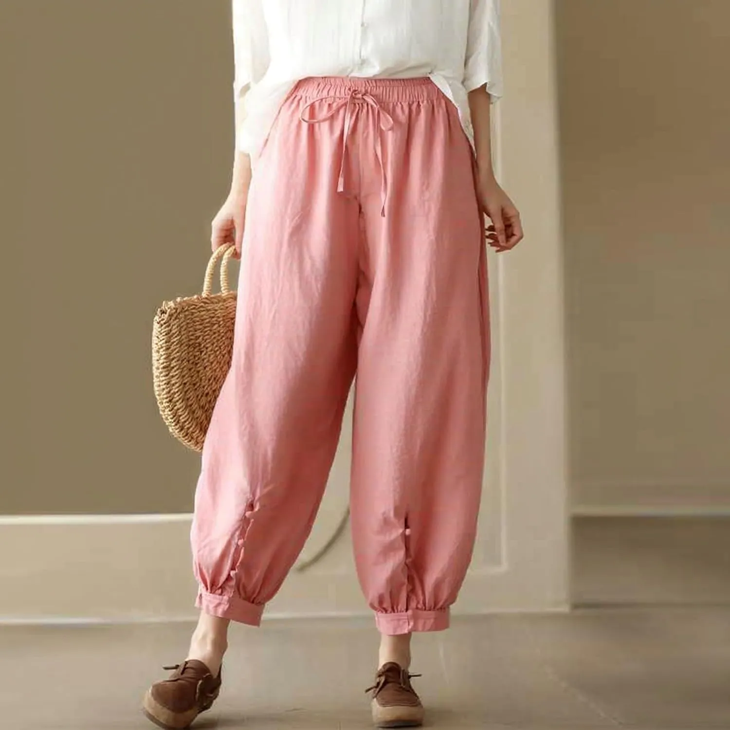 Cargo Pants Women, Casual Pants Peasant Straight Leg Relaxed Linen Side Button