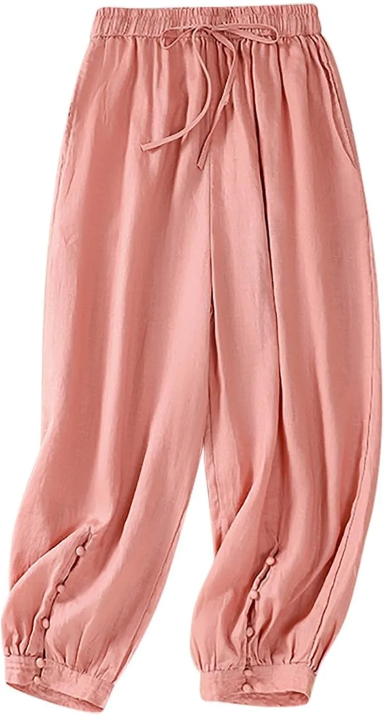 Cargo Pants Women, Casual Pants Peasant Straight Leg Relaxed Linen Side Button