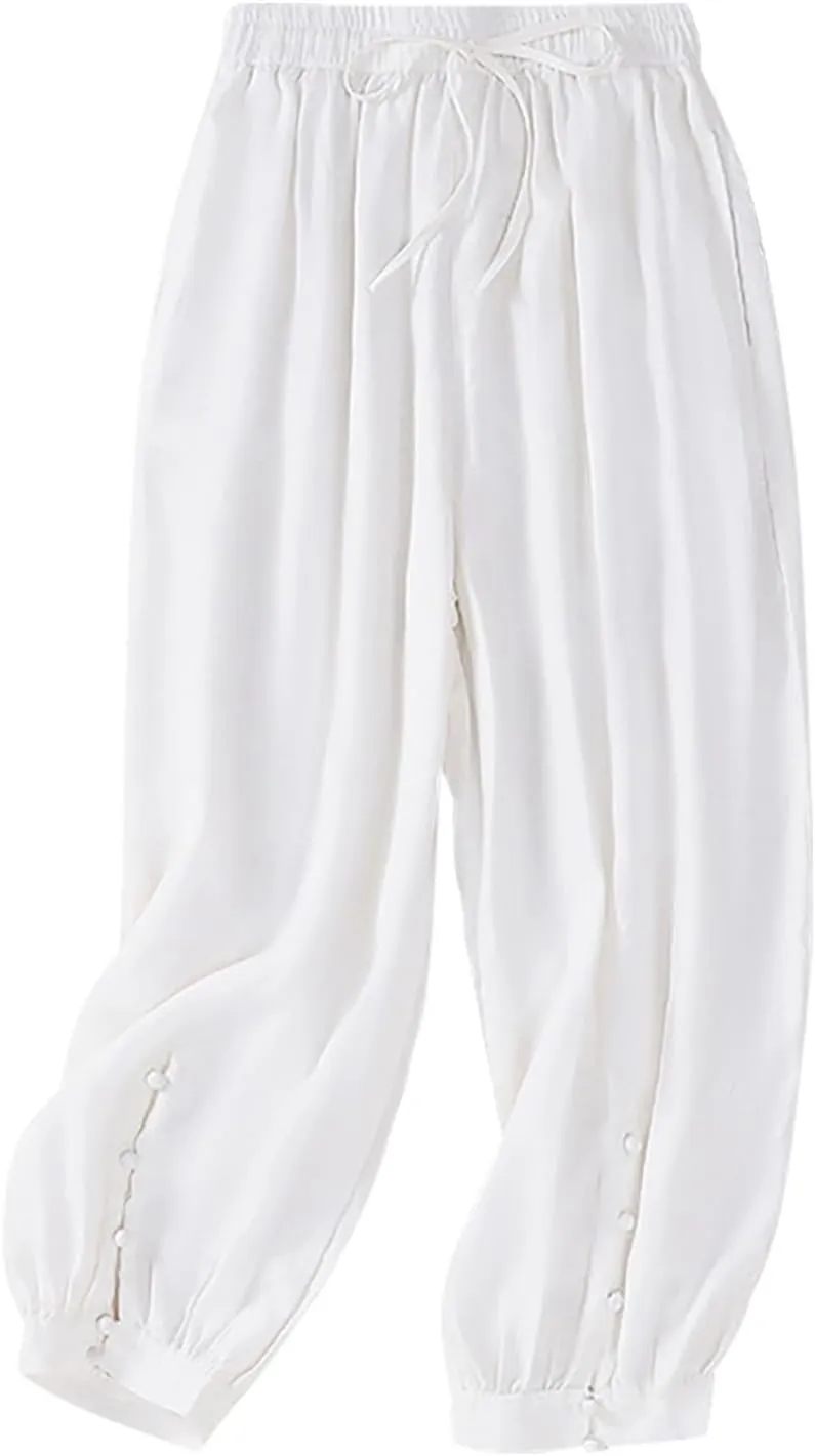 Cargo Pants Women, Casual Pants Peasant Straight Leg Relaxed Linen Side Button