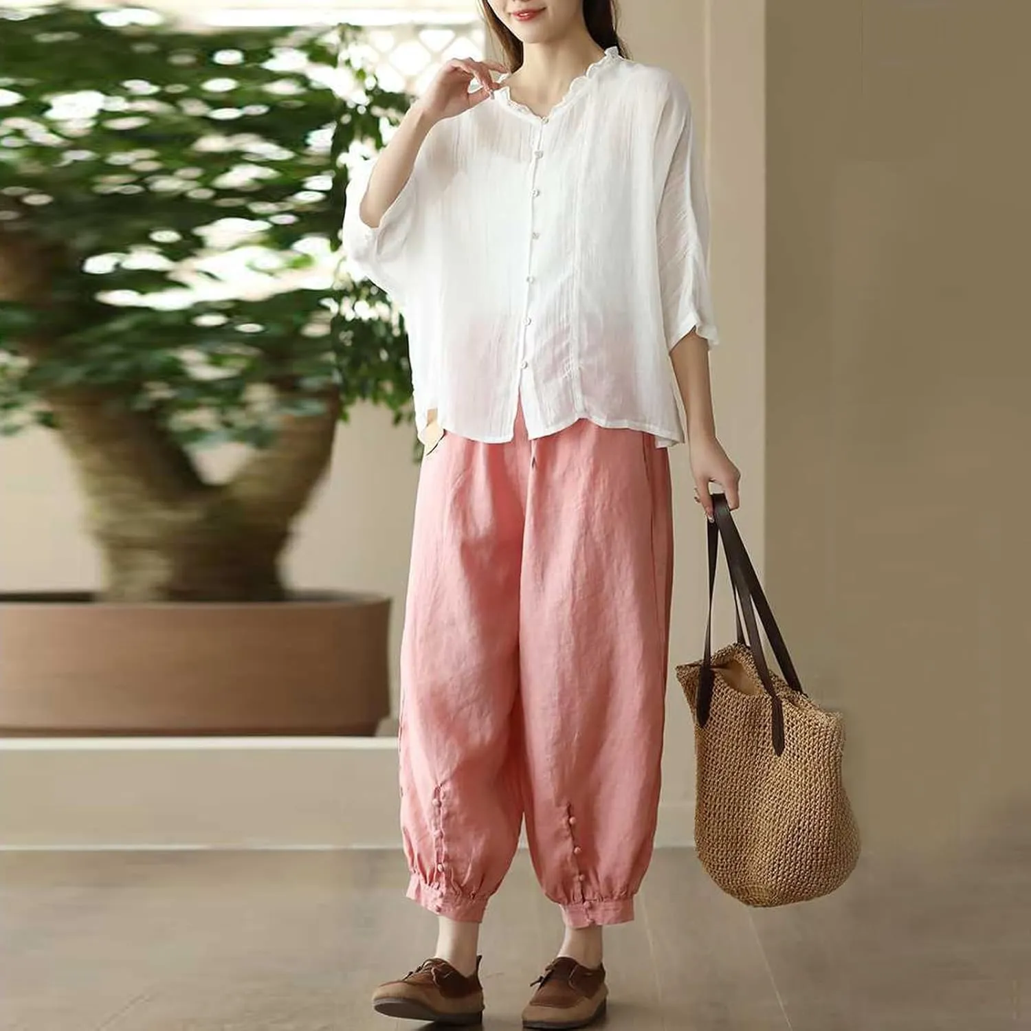 Cargo Pants Women, Casual Pants Peasant Straight Leg Relaxed Linen Side Button