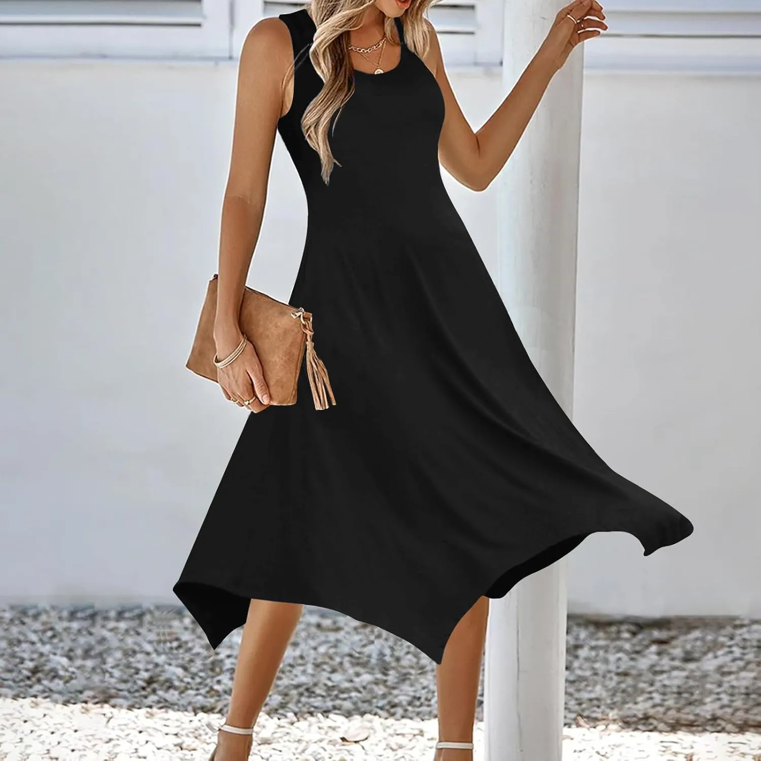 Casual Summer Women Dress Sleeveless Sundress Hankerchief Hem Midi Tank Dresses Ruffle A-Line Beach Dress