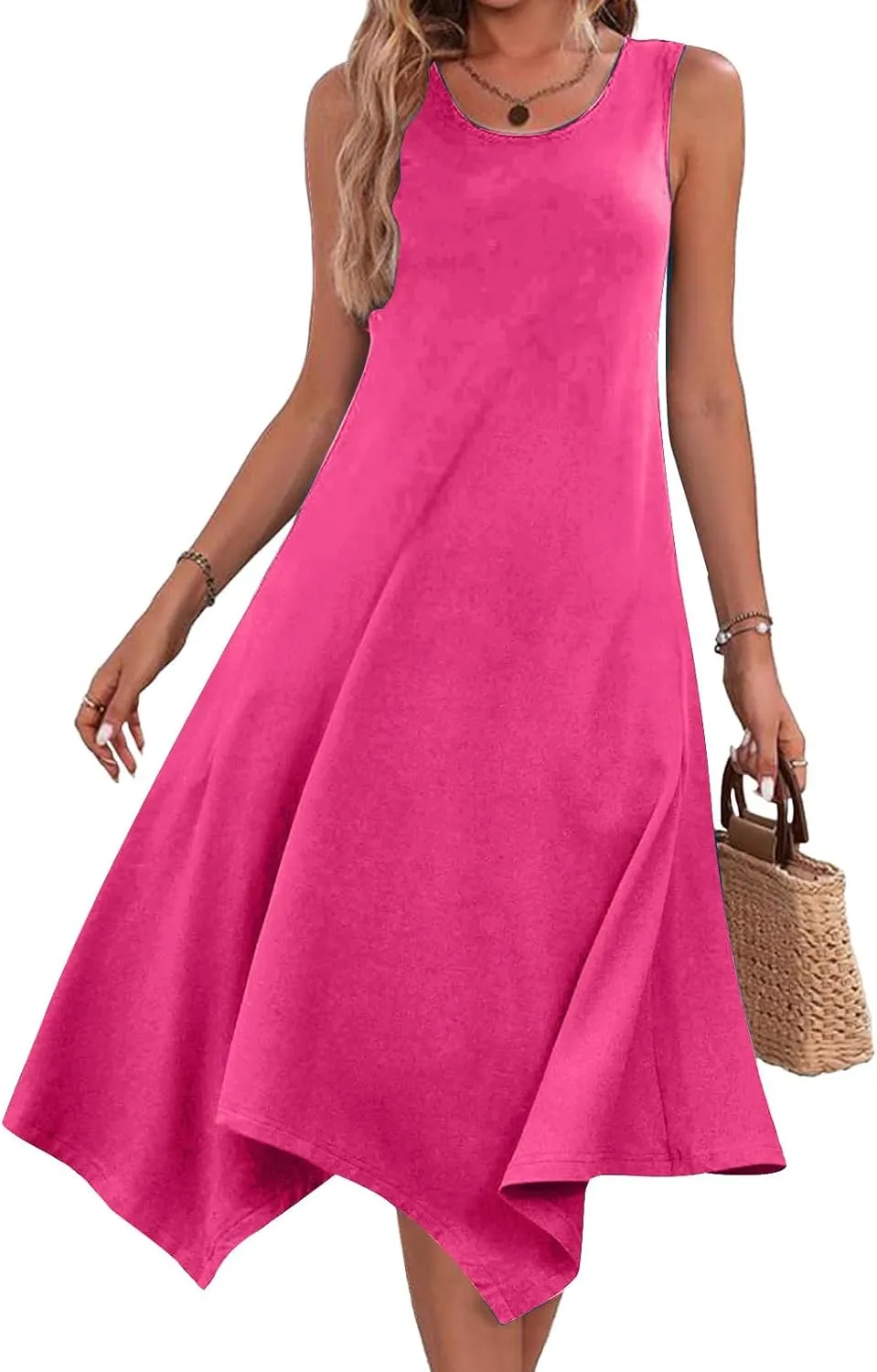 Casual Summer Women Dress Sleeveless Sundress Hankerchief Hem Midi Tank Dresses Ruffle A-Line Beach Dress