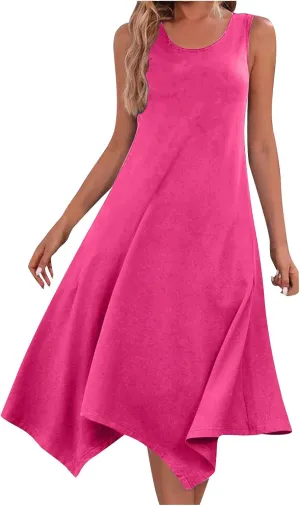 Casual Summer Women Dress Sleeveless Sundress Hankerchief Hem Midi Tank Dresses Ruffle A-Line Beach Dress