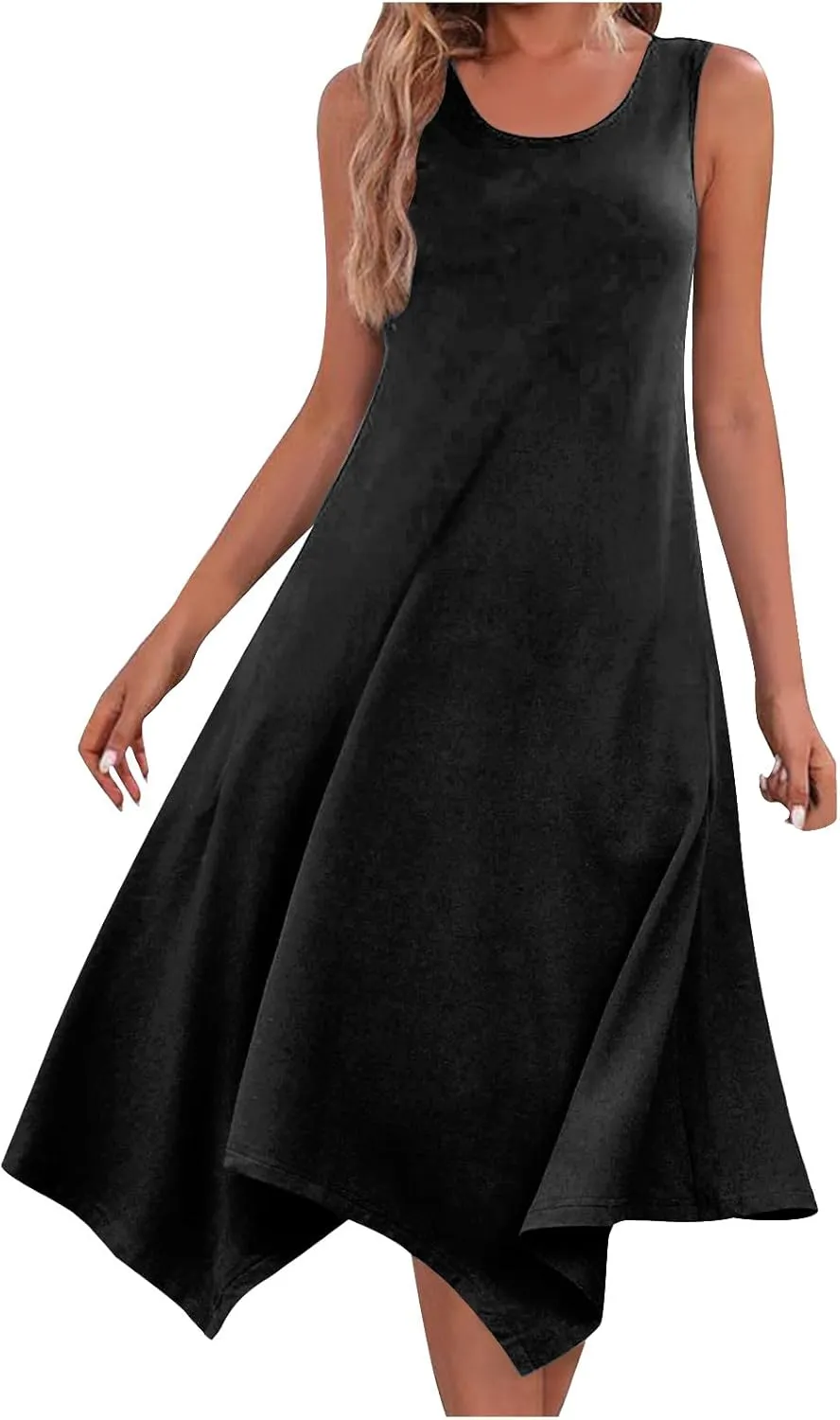 Casual Summer Women Dress Sleeveless Sundress Hankerchief Hem Midi Tank Dresses Ruffle A-Line Beach Dress