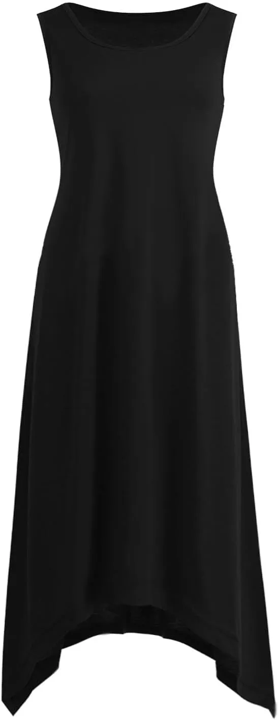Casual Summer Women Dress Sleeveless Sundress Hankerchief Hem Midi Tank Dresses Ruffle A-Line Beach Dress