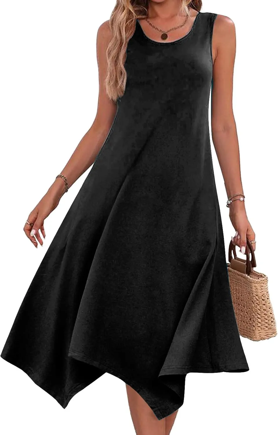 Casual Summer Women Dress Sleeveless Sundress Hankerchief Hem Midi Tank Dresses Ruffle A-Line Beach Dress