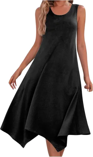 Casual Summer Women Dress Sleeveless Sundress Hankerchief Hem Midi Tank Dresses Ruffle A-Line Beach Dress