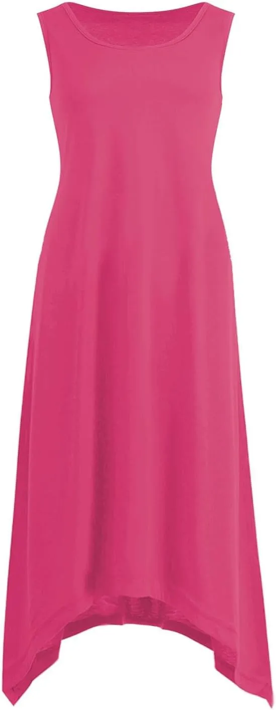 Casual Summer Women Dress Sleeveless Sundress Hankerchief Hem Midi Tank Dresses Ruffle A-Line Beach Dress
