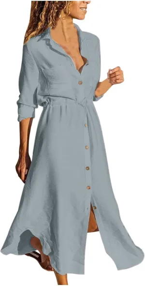 Ceboyel Linen Shirt Dresses for Women Button Down Drawstring Causal Dress Plain Long Maxi Dresses Trendy Ladies Outfits 2023 Ceboyel Linen Shirt Dresses for Women Button Down Drawstring Causal Dress Plain Long Maxi Dresses Trendy Ladies Outfits 2023
