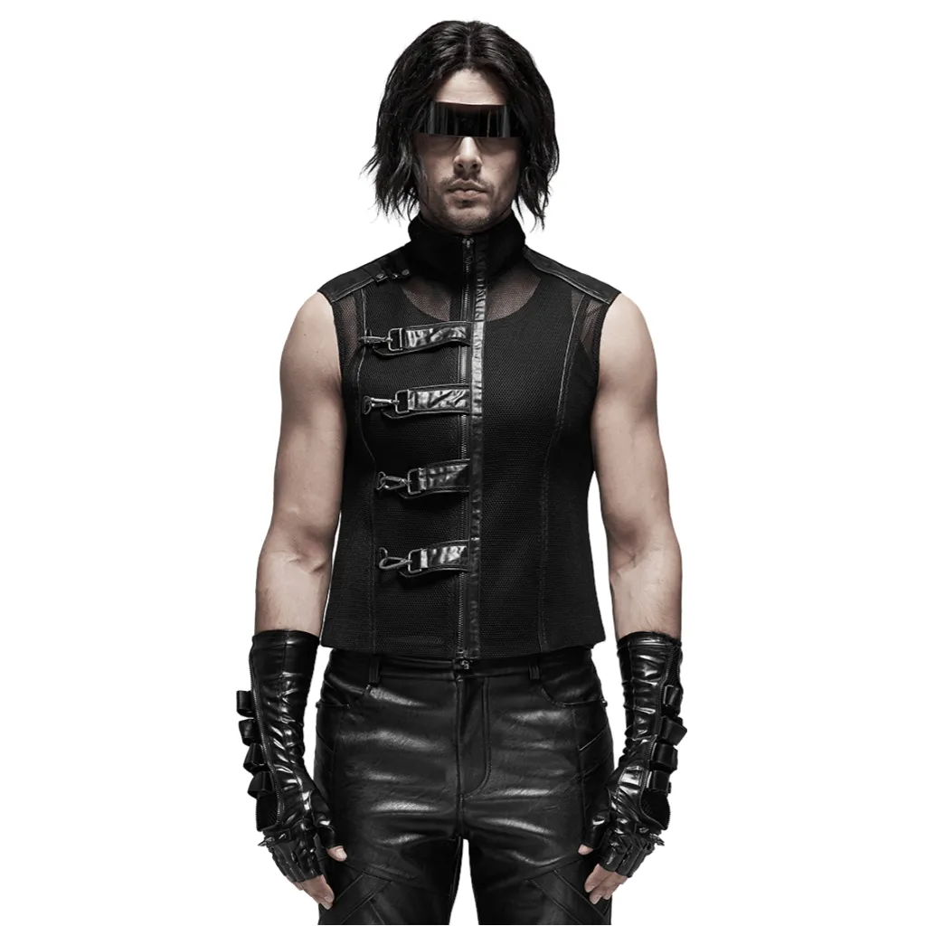 Edgy Mesh Sleeveless Biker Vest with Metal Clasps