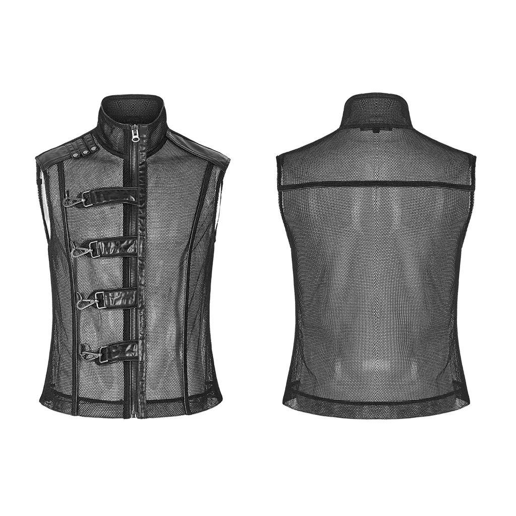 Edgy Mesh Sleeveless Biker Vest with Metal Clasps