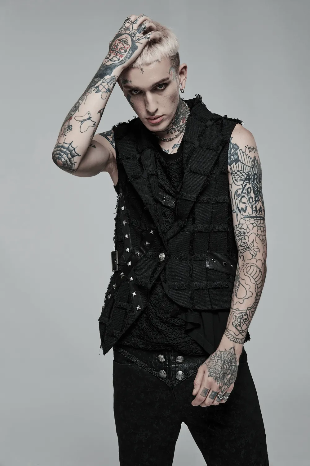 Edgy Punk Wool Vest with Bold Cut-Out Back Detail