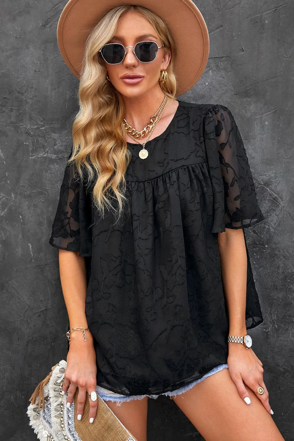 Effortlessly Chic Crew Neck Short Sleeve Blouse