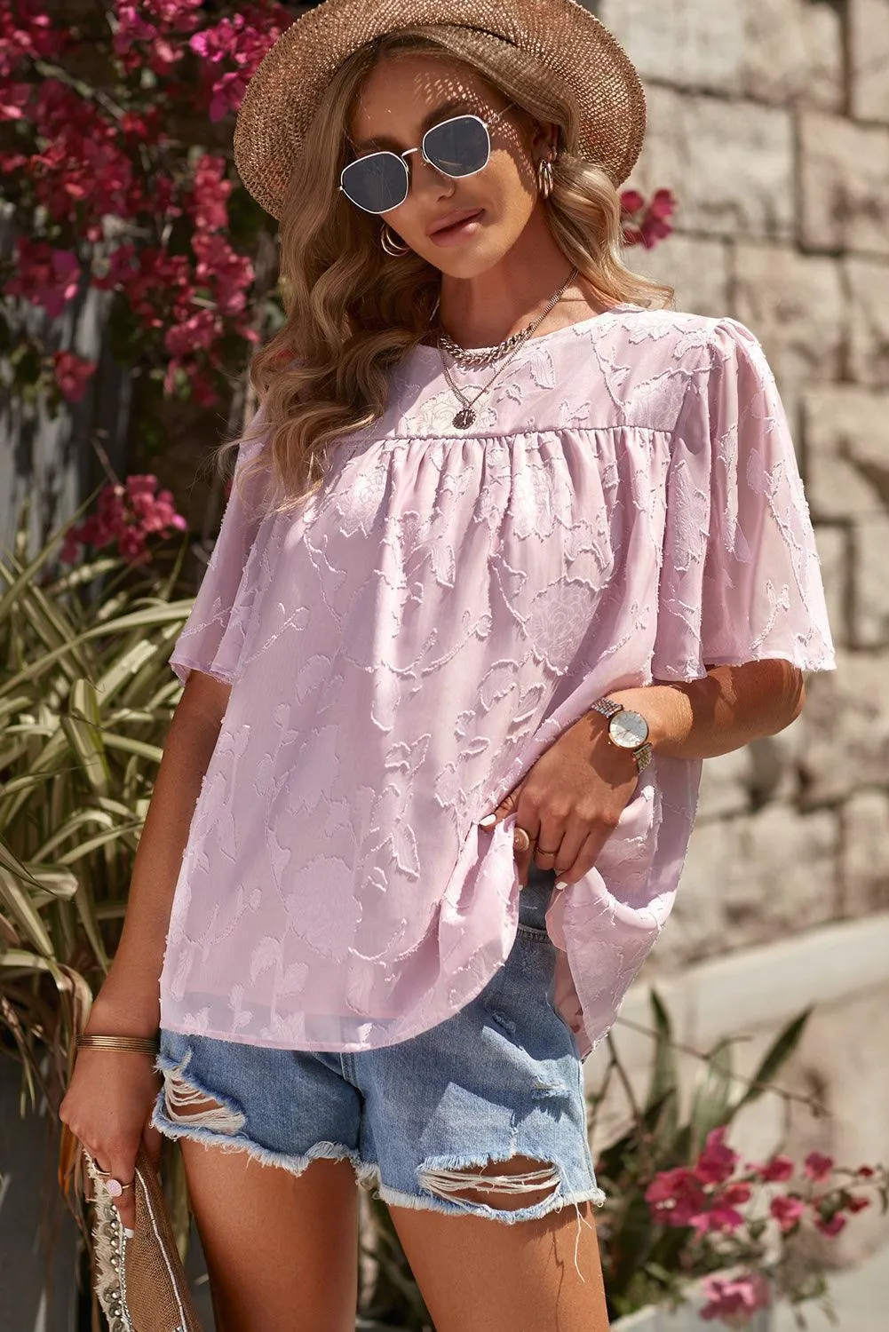 Effortlessly Chic Crew Neck Short Sleeve Blouse