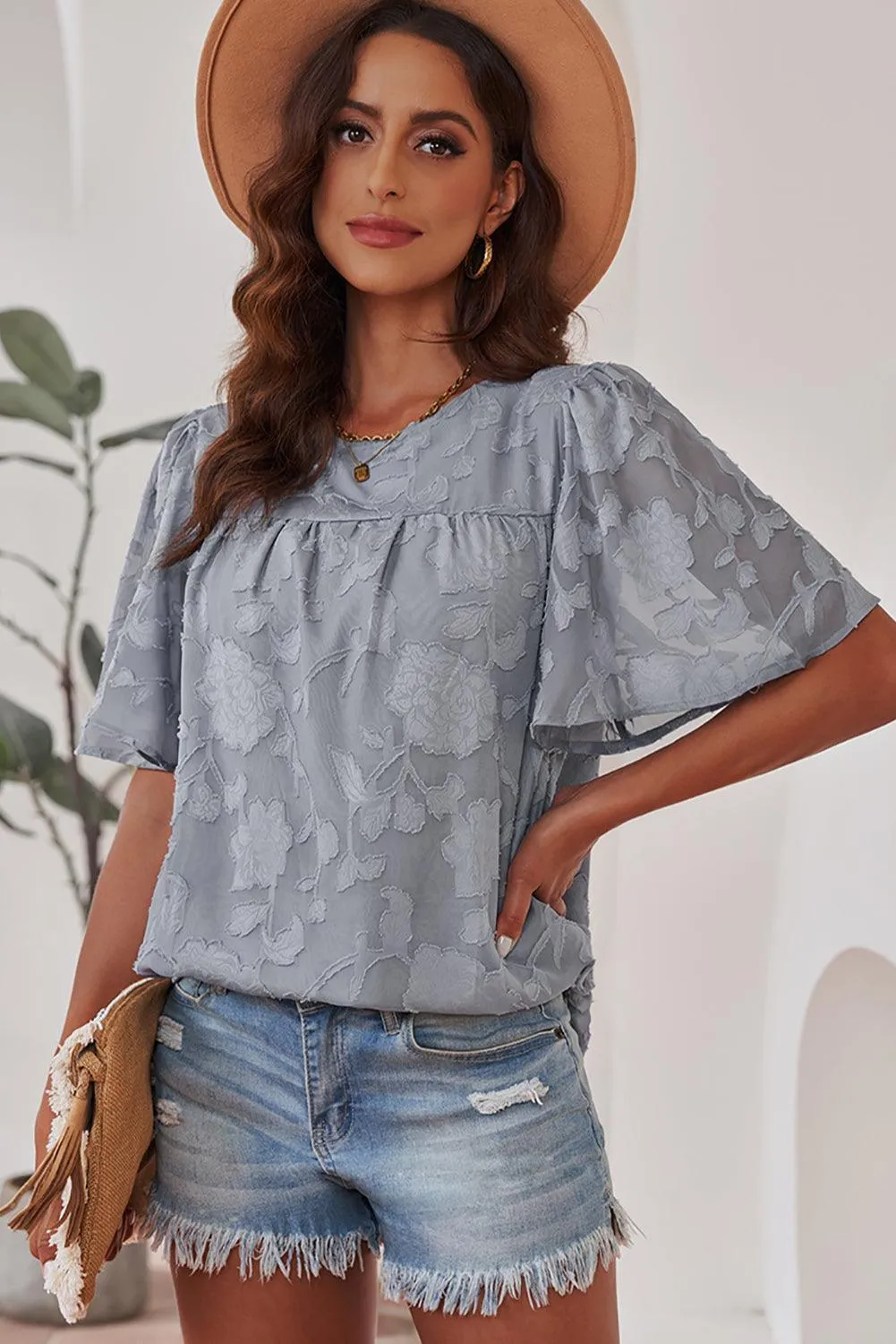 Effortlessly Chic Crew Neck Short Sleeve Blouse