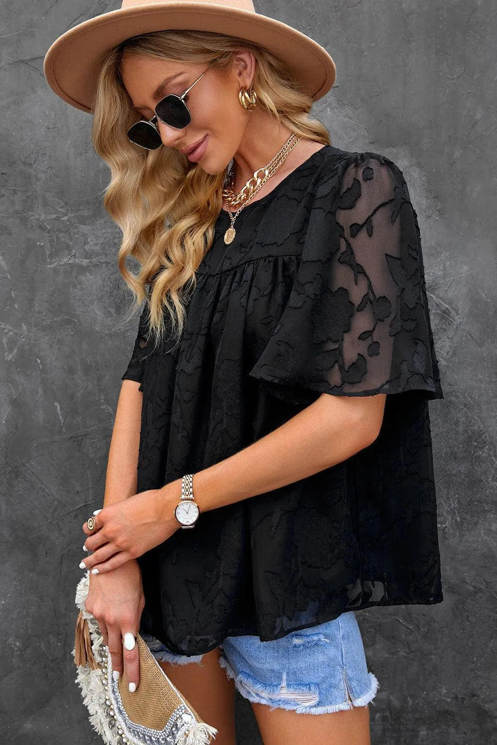 Effortlessly Chic Crew Neck Short Sleeve Blouse