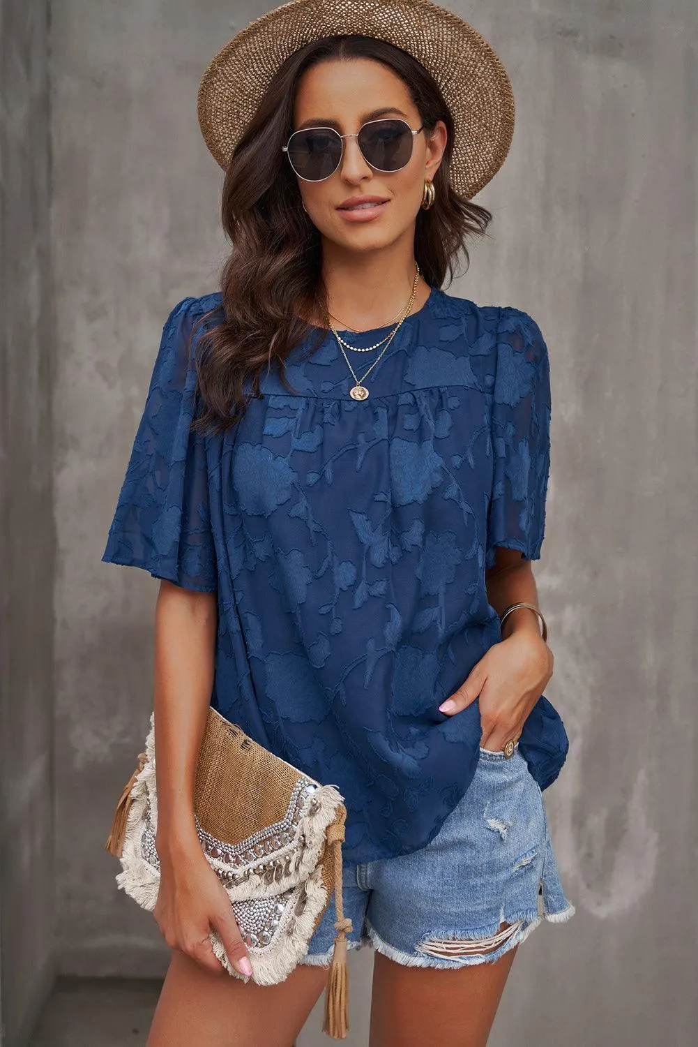 Effortlessly Chic Crew Neck Short Sleeve Blouse