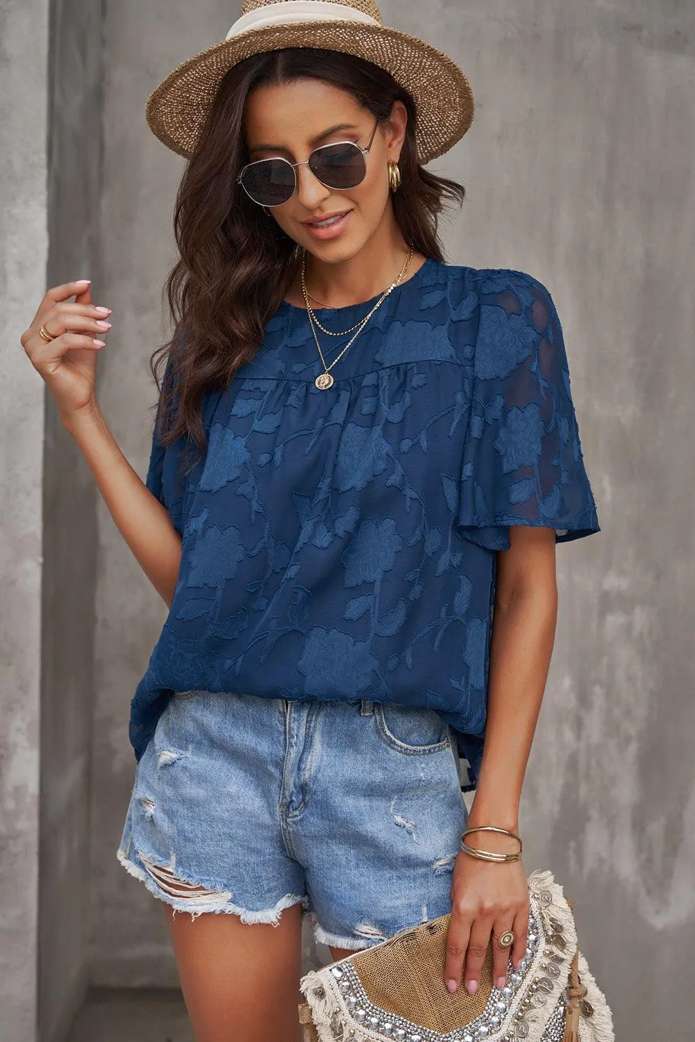 Effortlessly Chic Crew Neck Short Sleeve Blouse