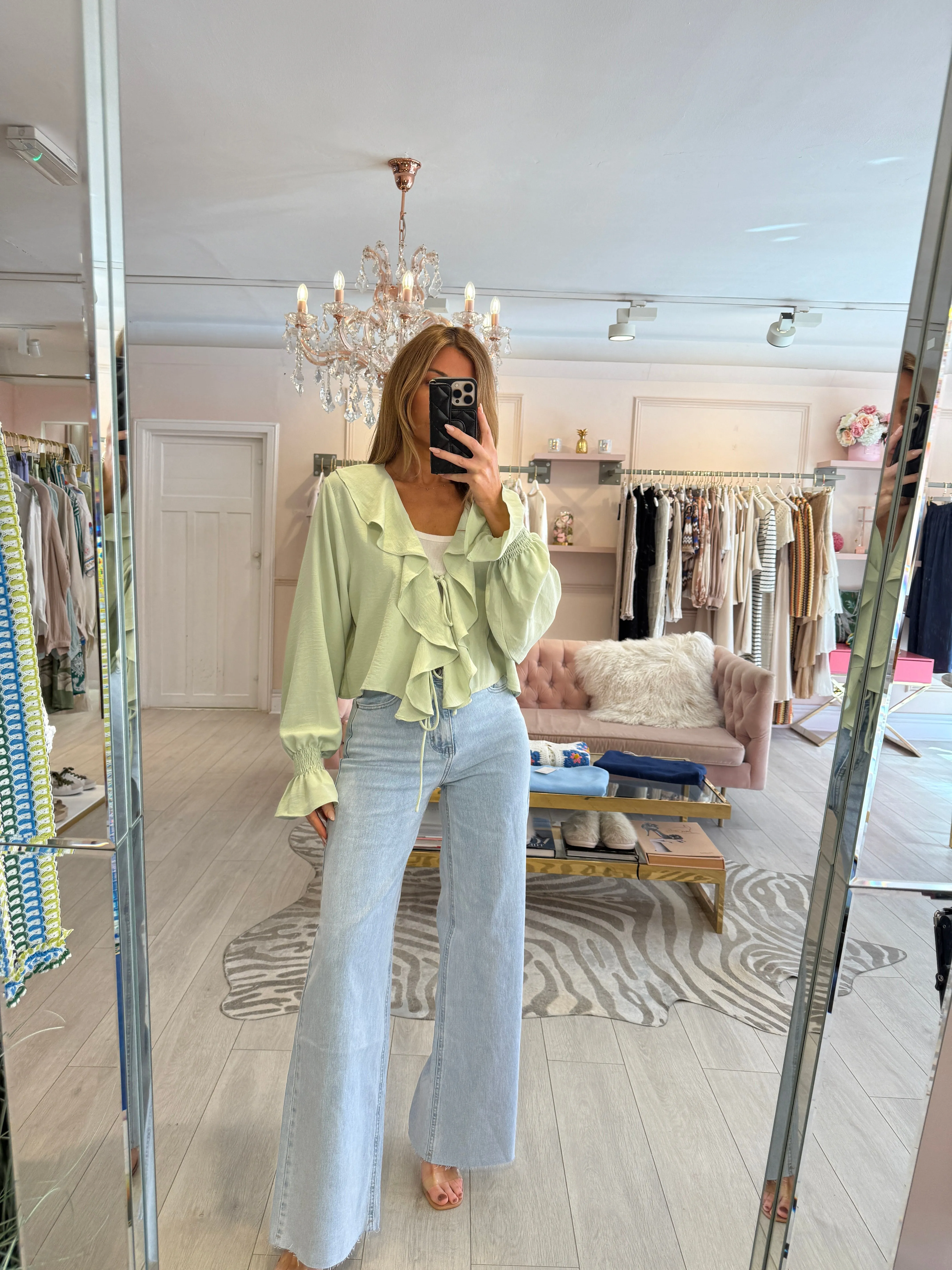 ELSIE TIE FRONT FRILL COLLAR BLOUSE GREEN