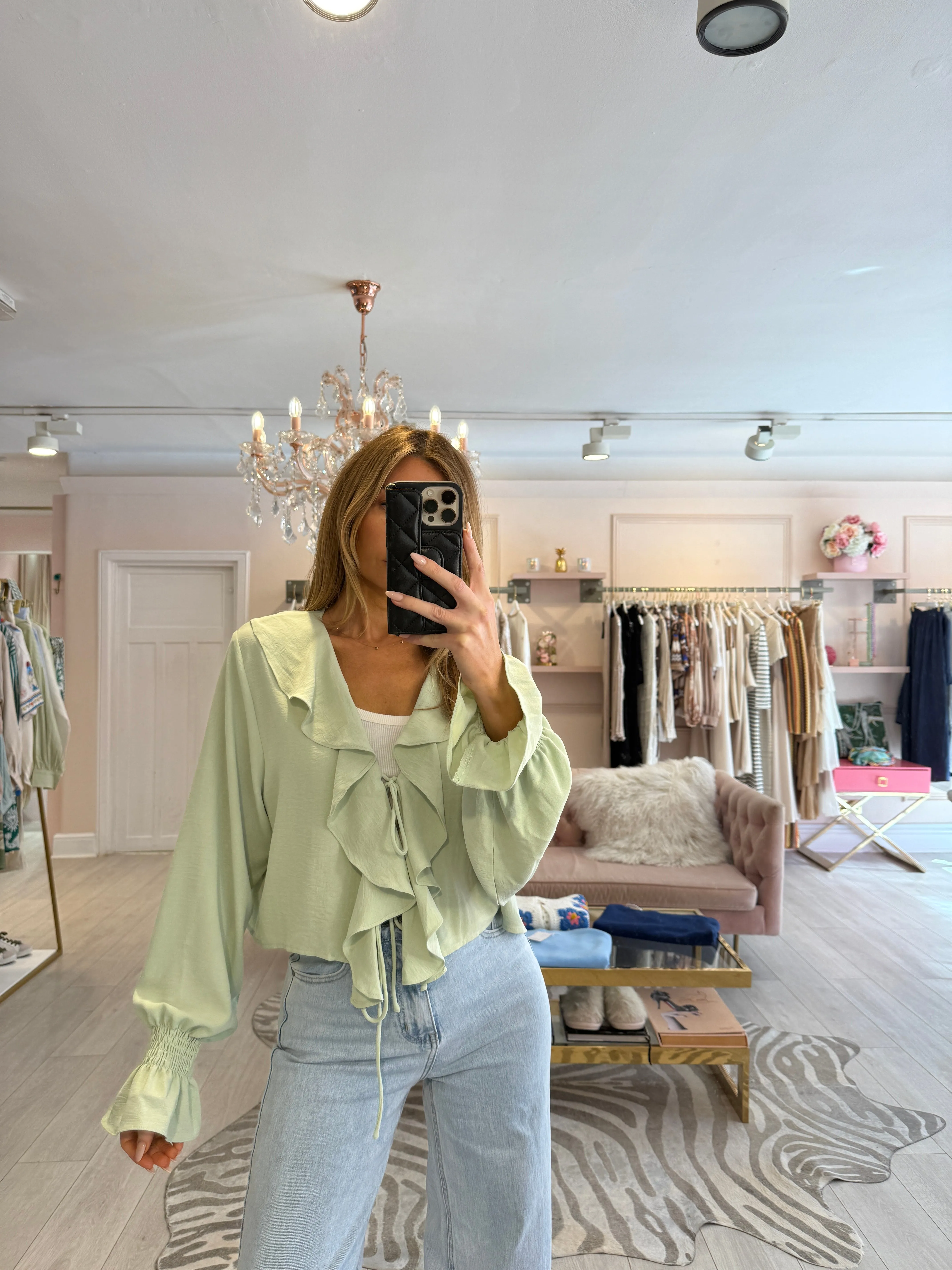 ELSIE TIE FRONT FRILL COLLAR BLOUSE GREEN