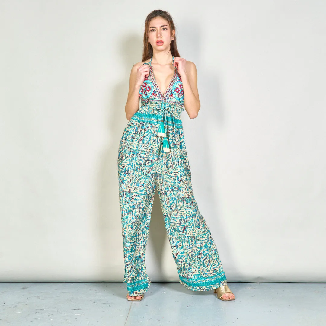 Embroidered boho jumpsuit with tassel accents wholesale