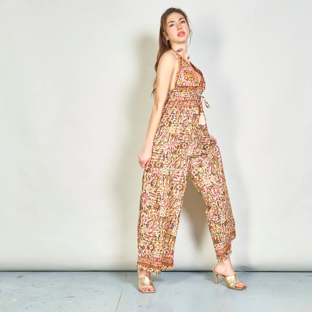 Embroidered boho jumpsuit with tassel accents wholesale