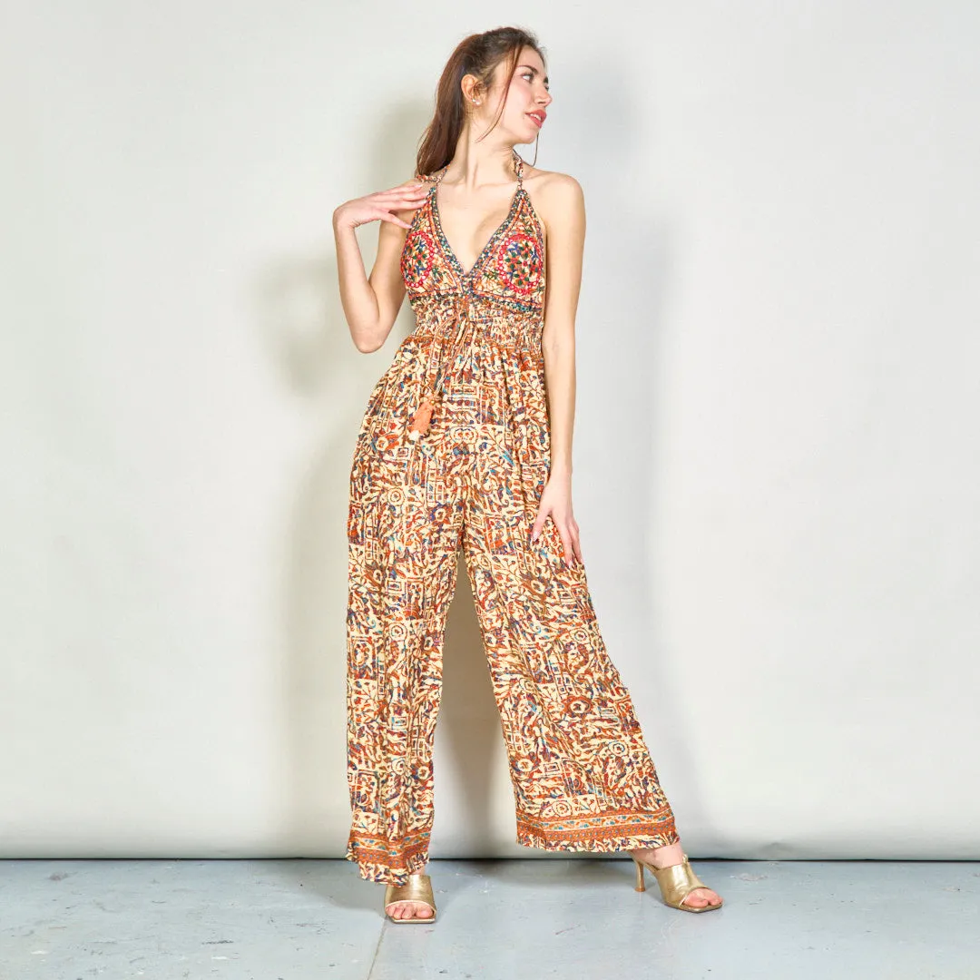 Embroidered boho jumpsuit with tassel accents wholesale