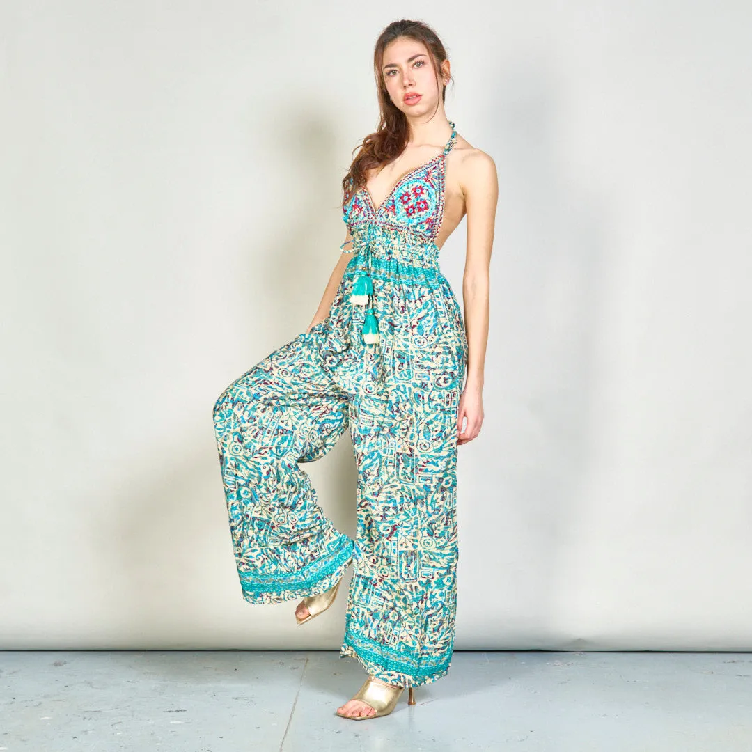 Embroidered boho jumpsuit with tassel accents wholesale