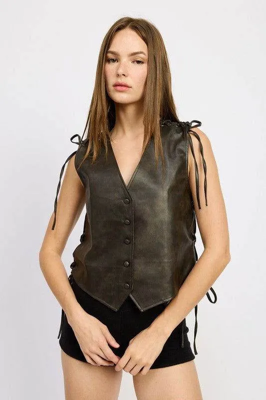 Emory Park Leather Vest With Lace Detail