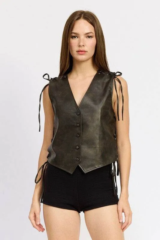 Emory Park Leather Vest With Lace Detail