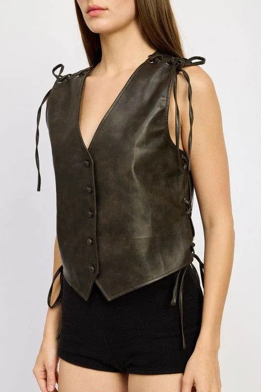 Emory Park Leather Vest With Lace Detail