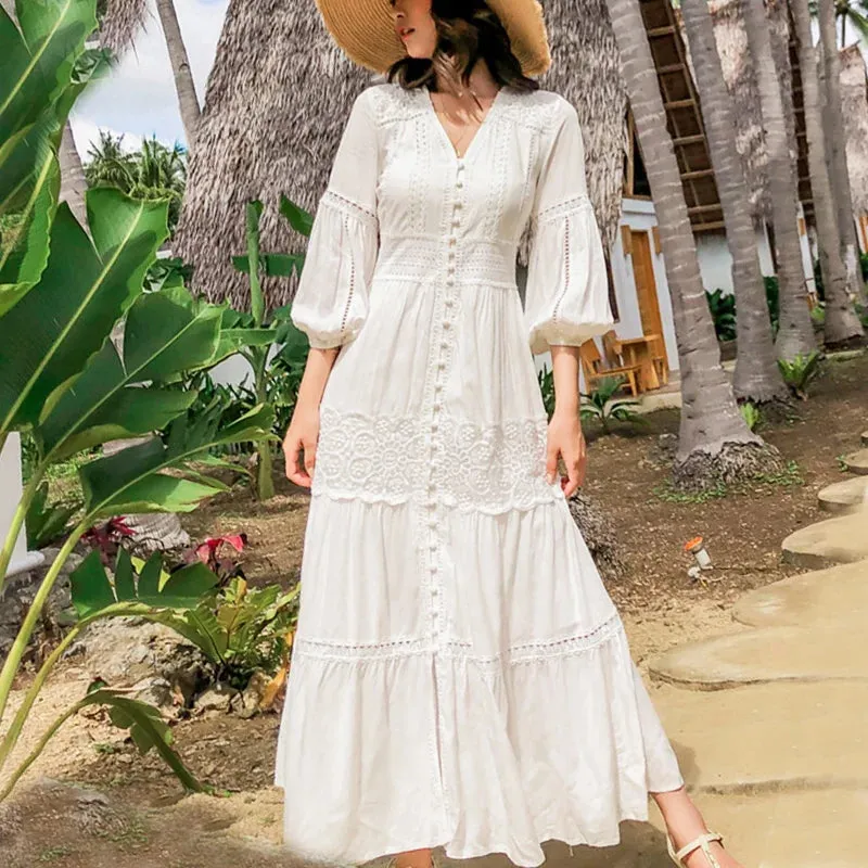 FashionSierra-Lantern Sleeve  Cotton  Splice Lace  Long  Vintage  White  V-neck  Autumn  Holiday Boho Dress