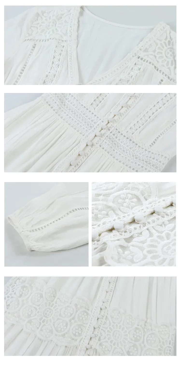 FashionSierra-Lantern Sleeve  Cotton  Splice Lace  Long  Vintage  White  V-neck  Autumn  Holiday Boho Dress