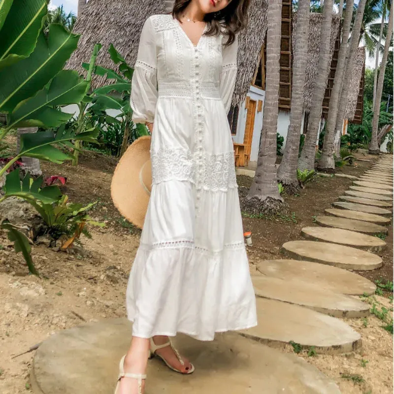 FashionSierra-Lantern Sleeve  Cotton  Splice Lace  Long  Vintage  White  V-neck  Autumn  Holiday Boho Dress