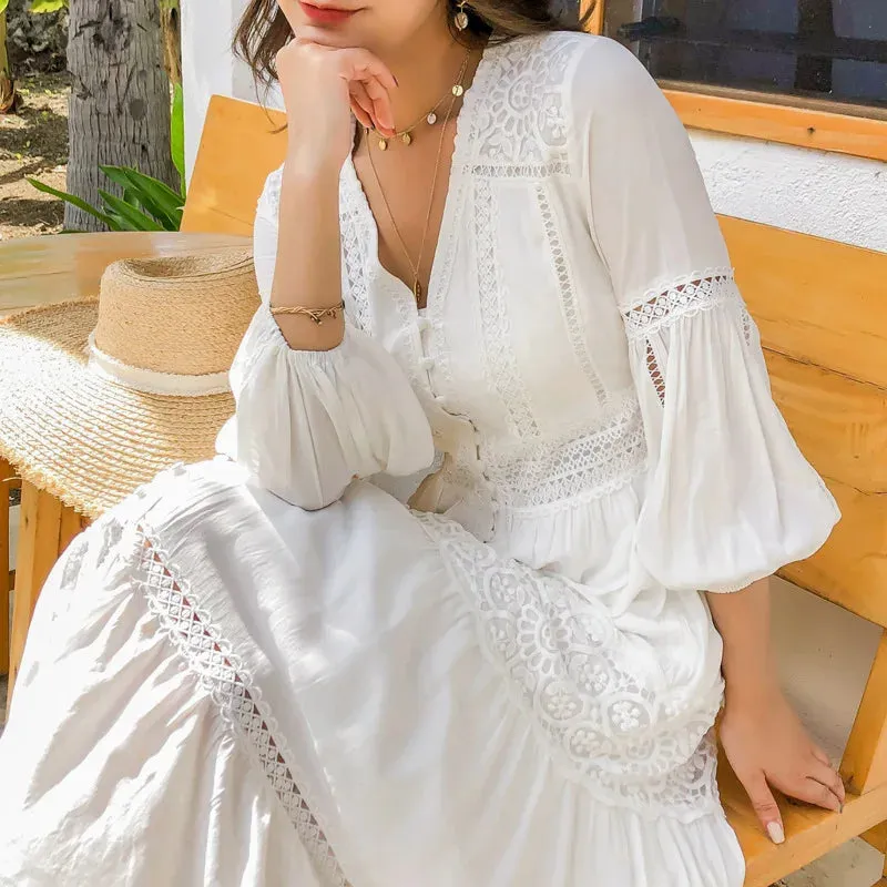 FashionSierra-Lantern Sleeve  Cotton  Splice Lace  Long  Vintage  White  V-neck  Autumn  Holiday Boho Dress