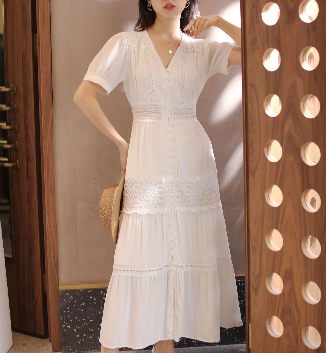 FashionSierra-Lantern Sleeve  Cotton  Splice Lace  Long  Vintage  White  V-neck  Autumn  Holiday Boho Dress