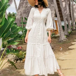 FashionSierra-Lantern Sleeve  Cotton  Splice Lace  Long  Vintage  White  V-neck  Autumn  Holiday Boho Dress