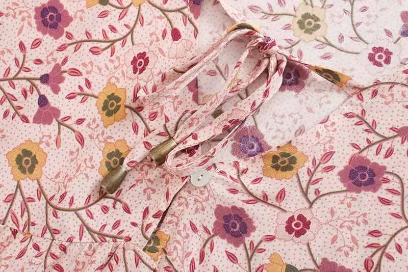 FashionSierra-Pink  Floral Print  Robe  A-line  Mini  Women 2024  Beach  V Neck  Short  Summer  Vintage  Loose  Casual Boho Dress