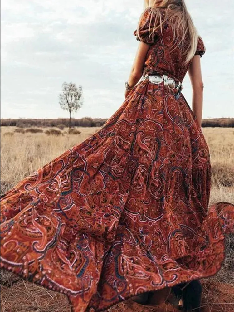 FashionSierra-V Neck  Maxi  Women  Vintage  2024  Floral Print  Puff Sleeve  Summer  Robe  Gypsy  Hippie  Vestidos Boho Dress