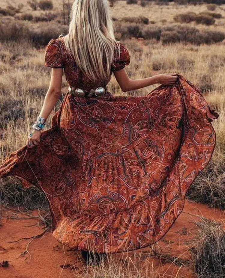 FashionSierra-V Neck  Maxi  Women  Vintage  2024  Floral Print  Puff Sleeve  Summer  Robe  Gypsy  Hippie  Vestidos Boho Dress