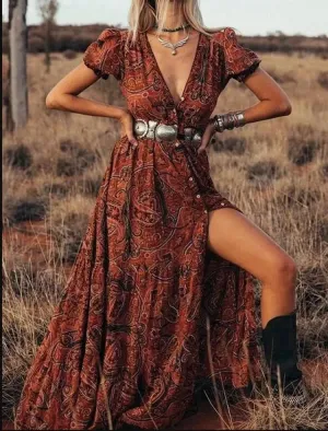 FashionSierra-V Neck  Maxi  Women  Vintage  2024  Floral Print  Puff Sleeve  Summer  Robe  Gypsy  Hippie  Vestidos Boho Dress