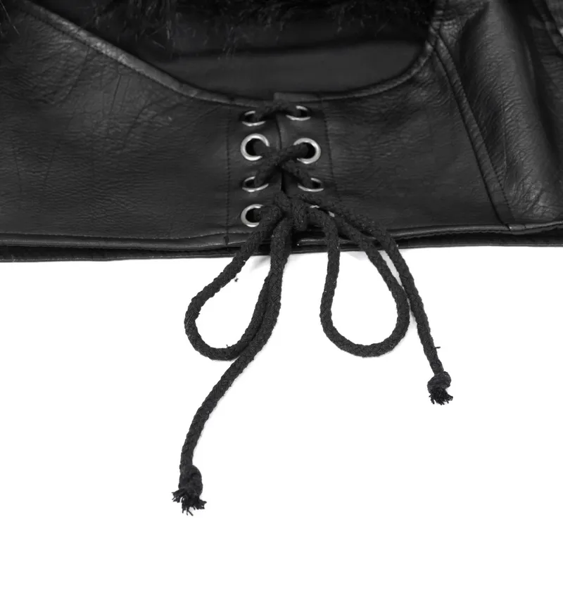 Faux Leather Waistcoat with Fur on Shoulders / Lace-up Sides Waistcoat with Belt & Buckle