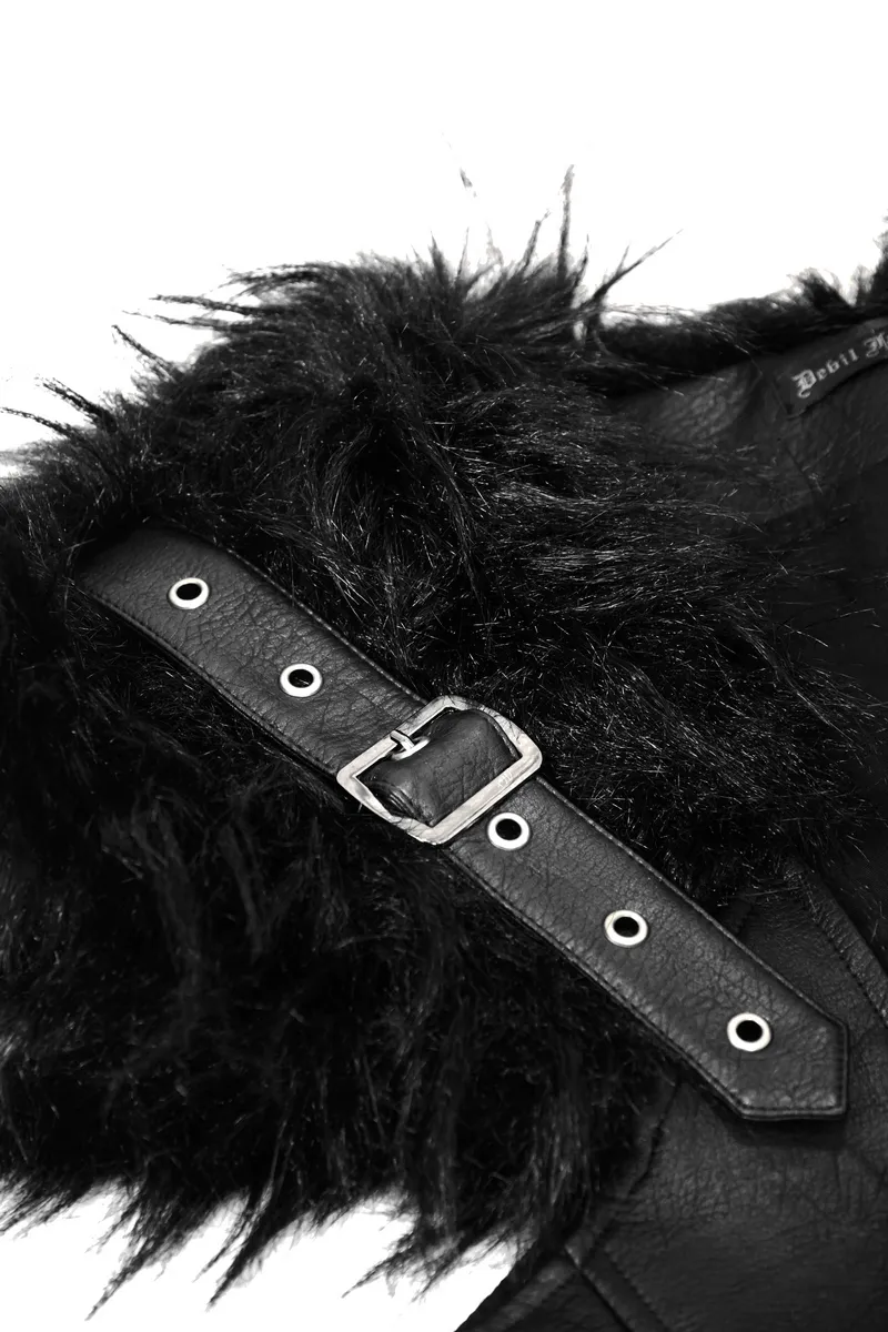 Faux Leather Waistcoat with Fur on Shoulders / Lace-up Sides Waistcoat with Belt & Buckle
