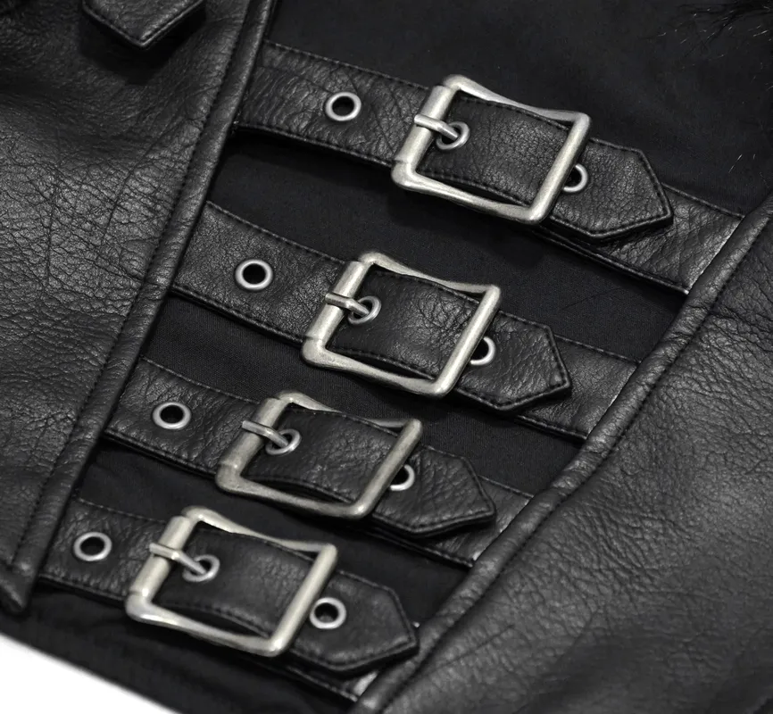 Faux Leather Waistcoat with Fur on Shoulders / Lace-up Sides Waistcoat with Belt & Buckle