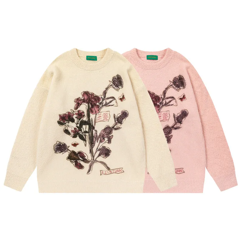 Floral Embroidered Cream Knit Sweater
