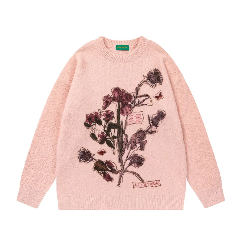 Floral Embroidered Cream Knit Sweater