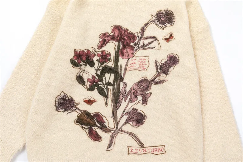 Floral Embroidered Cream Knit Sweater