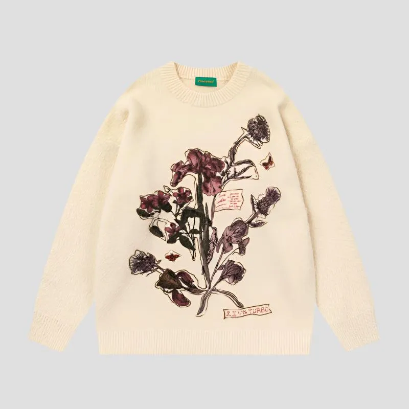 Floral Embroidered Cream Knit Sweater