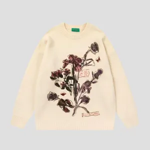 Floral Embroidered Cream Knit Sweater