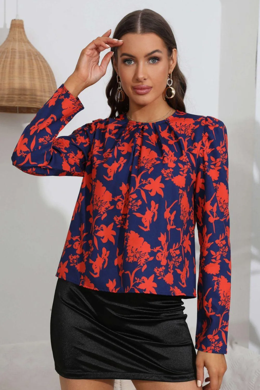 Floral Long Sleeve Ruched Blouse
